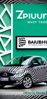 Zebra-striped car with green background wallpaper.