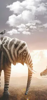 Zebra-striped elephant and zebra at sunset in a surreal wildlife scene.