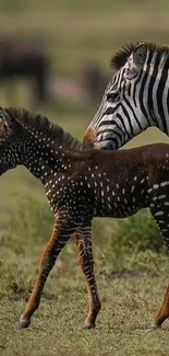 Unique zebra with spotted foal in savanna landscape.