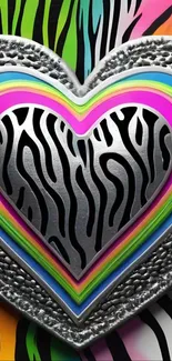 Colorful zebra heart with metallic texture on mobile wallpaper.