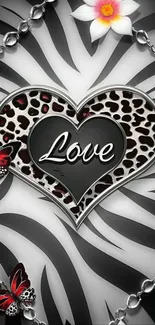Zebra pattern heart with love text and butterflies.