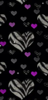 Zebra heart pattern mobile wallpaper with black background.