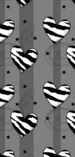 Zebra heart pattern wallpaper with gray stripes and stars.