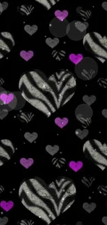 Stylish zebra and purple hearts mobile wallpaper pattern.