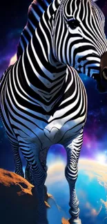 Zebra stands gracefully against a cosmic background, merging wildlife with galaxies.