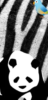 Panda and bird on zebra striped background, artistic wallpaper.