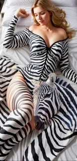 Woman in zebra-patterned outfit resting peacefully on a cozy bed.