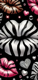 Colorful zebra print lips with hearts.