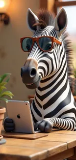 A zebra wearing sunglasses using a tablet indoors.