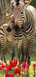 Zebra pair in tulip field creates a stunning natural phone wallpaper.