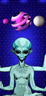 Meditative alien in dark blue cosmic digital wallpaper.