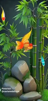 Bamboo and koi fish with rocks on a serene nature wallpaper.