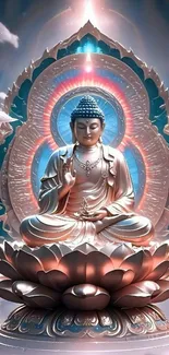 Zen Buddha statue with radiant light background.