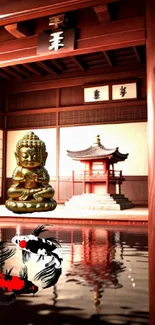 Zen Buddha temple with koi fish and tranquil wooden architecture.