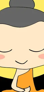 Cartoon Buddha with a serene expression and yellow background for meditation.