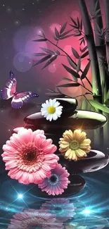 Vibrant floral and butterfly wallpaper with bamboo backdrop.