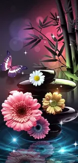 Mobile wallpaper with bamboo, flowers, and butterfly in Zen style.