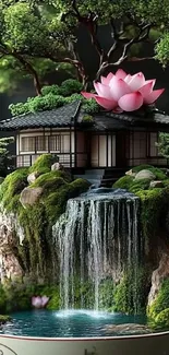 Miniature zen house with waterfall and lotus.