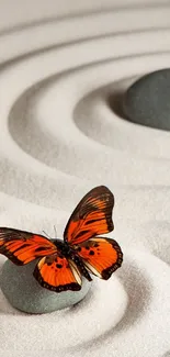 Zen garden with stones and butterfly on sand ripples.