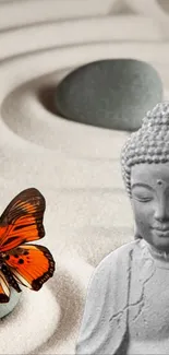 Zen mobile wallpaper with Buddha, sand, and butterfly.