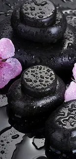 Zen stones and pink flowers on a wet surface.