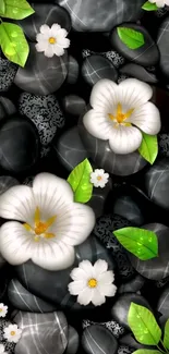 Elegant black stones with white flowers and green leaves wallpaper.