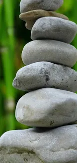 Stack of stones with green bamboo background.