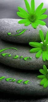 Zen stones with green flowers and 'I Love You' text for phone wallpaper.