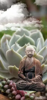 Buddha statue in front of succulent plant with clouds, serene mobile wallpaper.