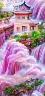 Fantasy zen waterfall art with pink hues.