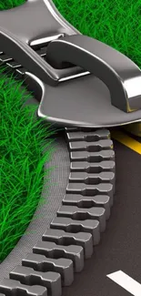 Creative zipper road wallpaper with green grass path.