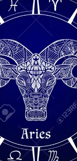 Intricate Aries zodiac wallpaper with white ram on deep blue.