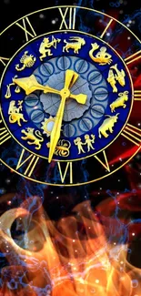 Vibrant zodiac clock with astrological symbols and fiery flames.