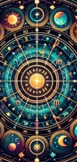 Intricate Zodiac wheel with vibrant celestial symbols.