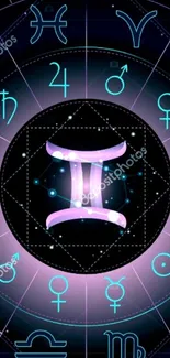 Neon zodiac symbols with a Gemini focus on a dark background.