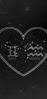 Heart-shaped constellation art with Gemini and Aquarius symbols on a black background.