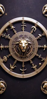 Golden lion zodiac with astrological symbols and intricate design.