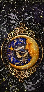 Astrology wallpaper with zodiac moon clock and golden details.