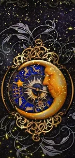 Zodiac moon dial wallpaper with gold and blue tones.