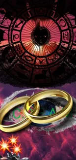 Fantasy zodiac rings on a vibrant sky background.