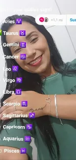 Woman posing with zodiac sign list and bracelet.