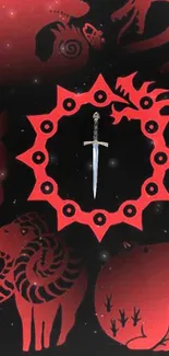 Red zodiac symbols with sword on dark wallpaper.