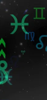 Mobile wallpaper with zodiac symbols in space.