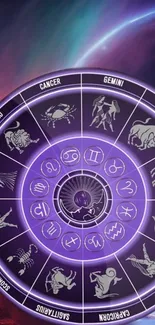 Vibrant zodiac wheel on cosmic galaxy background.