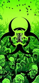 Zombie apocalypse art with biohazard symbol and gas mask in neon green tones.