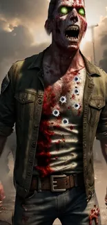 Zombie with glowing eyes in apocalyptic scene mobile wallpaper.