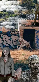 Zombie-themed urban art wallpaper featuring eerie creatures and graffiti-covered buildings.