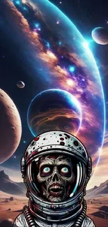 Zombie astronaut in a colorful cosmic space with planets and galaxies background.