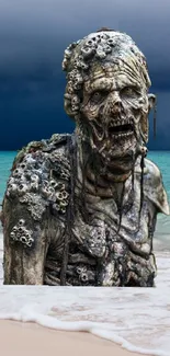 Zombie figure on a stormy beach with dark clouds overhead.