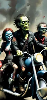 Zombies on motorcycles in apocalyptic scene.